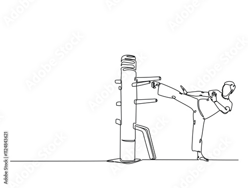 Continuous one line drawing of fighter training Wing Chun-martial art with wooden dummy. Yong Chun -asian martial art sport illustration. Editable vector.