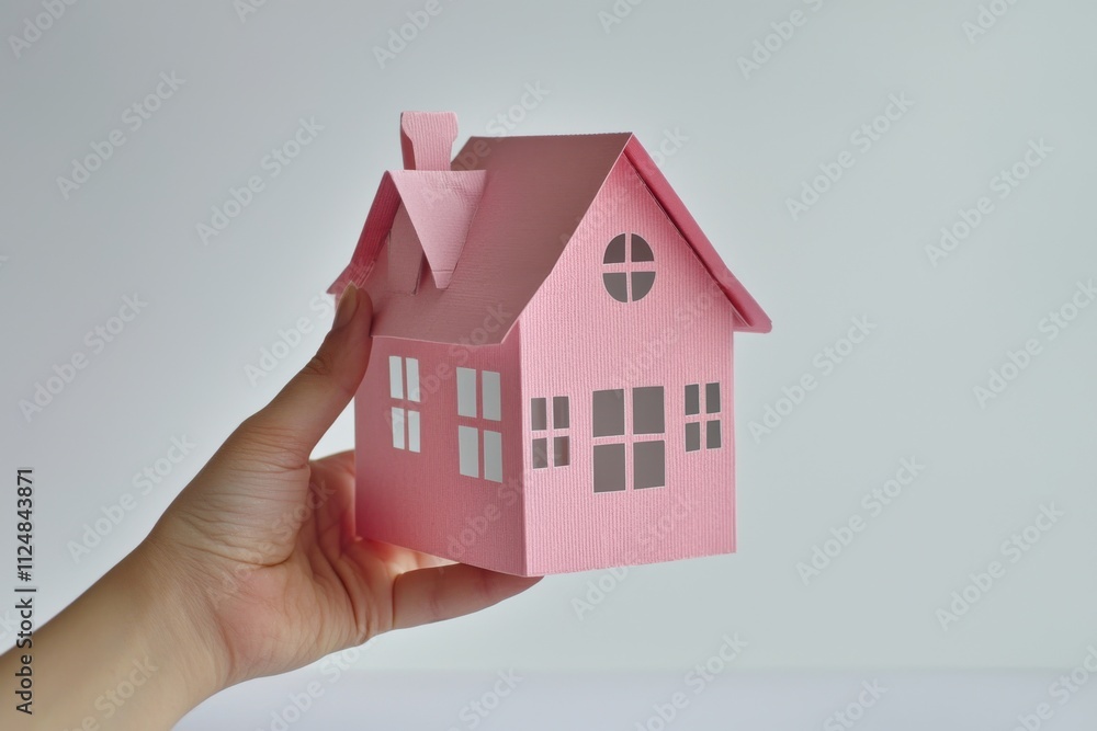 A hand holding a paper house against a white background, A hand holding a paper house against a white background,