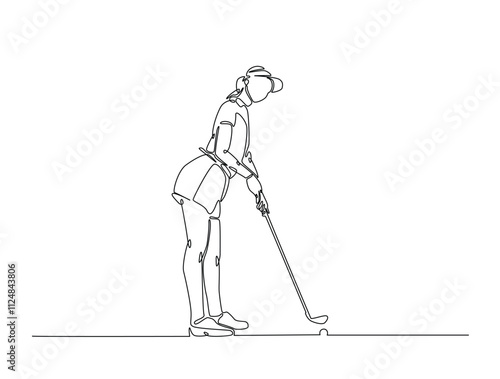 Continuous one line drawing of young woman playing golf. Female golfer swinging the stick to hit ball illustration. Editable vector.