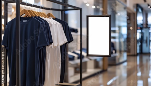 A digital frame mockup hanging on a rack in a fashion store, with a white blank screen inside the black digital frame