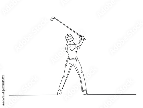 Continuous one line drawing of young woman playing golf. Female golfer swinging the stick to hit ball illustration. Editable vector.