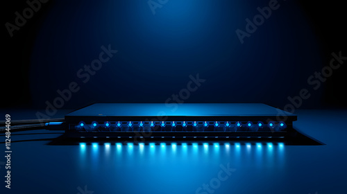 Modern game server rack with blinking lights and cables, symbolizing high-tech infrastructure and online gaming, set against a dark background.