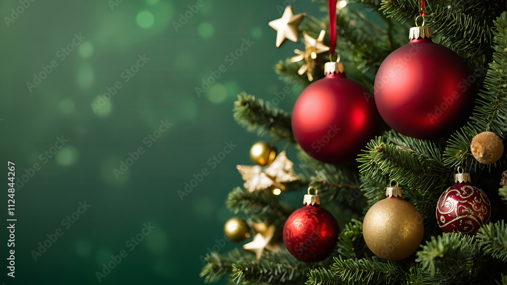 Festive red and gold ornaments adorn the lush green fir branches of a Christmas tree, celebrating the winter holiday season Festive red and gold ornaments adorn the lush green fir branches of a Christmas tree, celebrating the winter holiday season