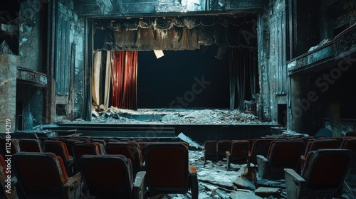 An abandoned cinema with an old worn out stage and broken seats. The theater is filled with debris from past years of use, creating an eerie atmosphere photo