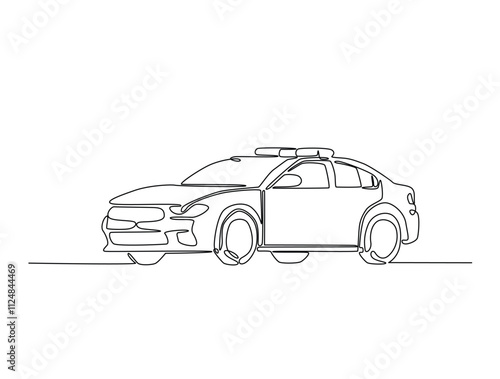 Continuous one line drawing of police or cop car with lights and siren on. Police vehicle in single line art illustration. Editable vector.