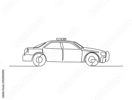 Continuous one line drawing of police or cop car with lights and siren on. Police vehicle in single line art illustration. Editable vector.