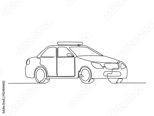 Continuous one line drawing of police or cop car with lights and siren on. Police vehicle in single line art illustration. Editable vector.