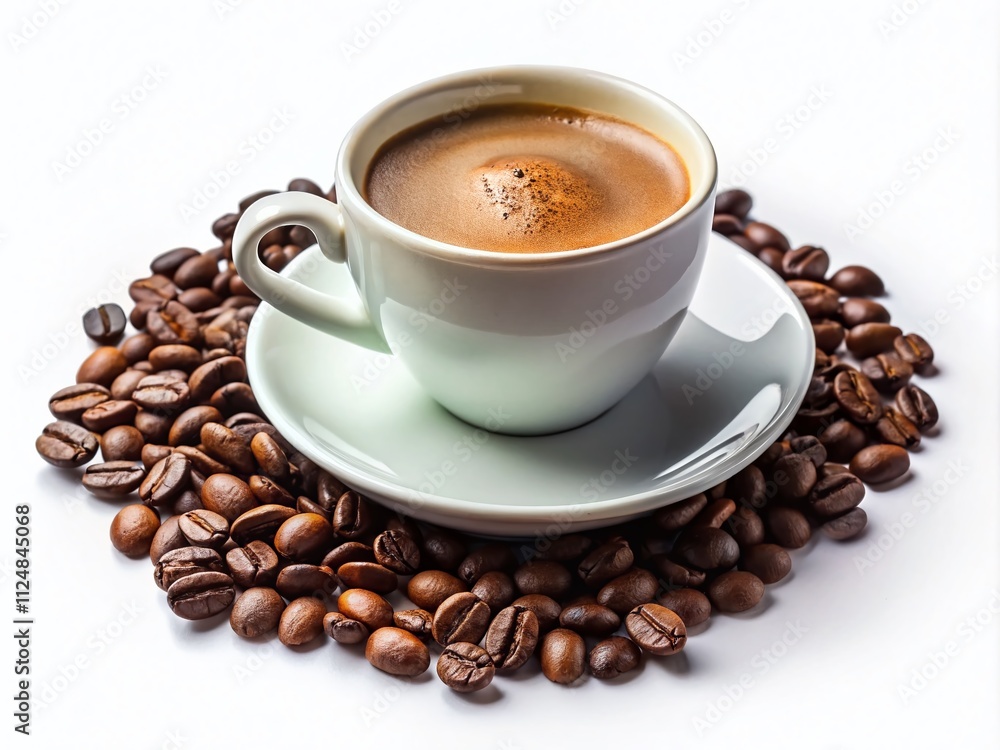 Captivating Coffee Aesthetic: A Cup with Saucer and Coffee Beans on White Background for Inviting Moments of Relaxation and Enjoyment in Your Daily Routine Captivating Coffee Aesthetic: A Cup with Saucer and Coffee Beans on White Background for Inviting Moments of Relaxation and Enjoyment in Your Daily Routine
