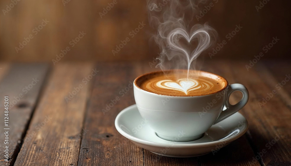 Traditional Coffee Cup With Heart-Shaped Steam On Rustic Wood Traditional Coffee Cup With Heart-Shaped Steam On Rustic Wood