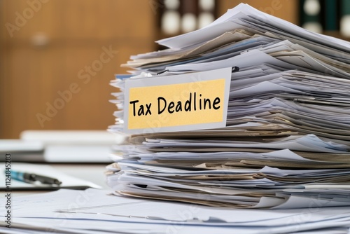 Deadline for tax submission concept. Stack of papers labeled for tax deadline reminder