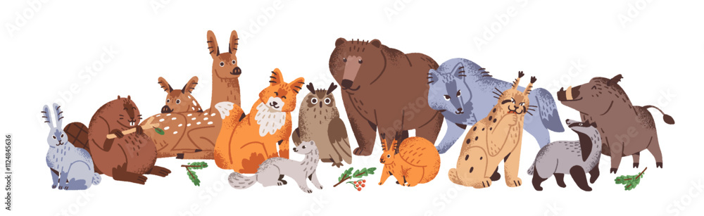 Group of different cute forest animals stands together. Happy woodland fauna: bear, deer, fox, wolf, hare, squirrel. Lots of wild friendly beasts. Flat isolated vector illustration on white background Group of different cute forest animals stands together. Happy woodland fauna: bear, deer, fox, wolf, hare, squirrel. Lots of wild friendly beasts. Flat isolated vector illustration on white background