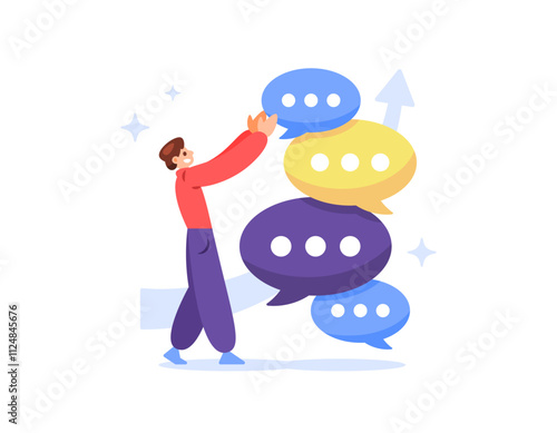 constructive criticism concept. accepting suggestions to develop oneself. accepting criticism for self-introspection and continuing to develop. illustration of a man compiling incoming messages. flat 
