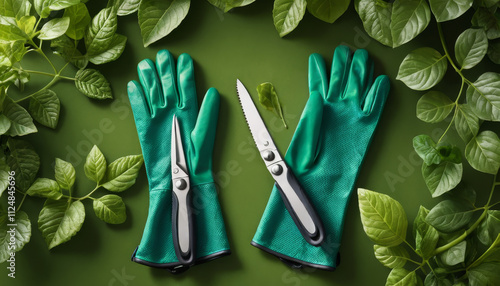 Gardening gloves with scissors and pruners on green surface surrounded by leaves