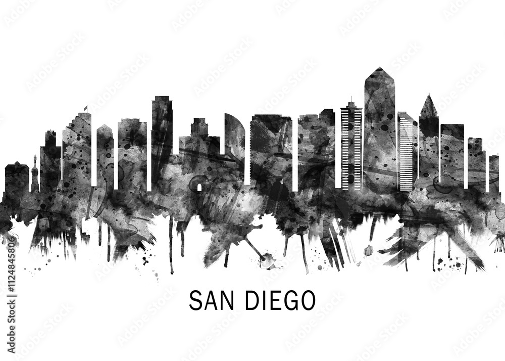 Fototapeta premium San Diego California Skyline BW, abstract painting travel poster urban landscape modern art downtown skyline illustration landmarks skyscrapers artwork architecture