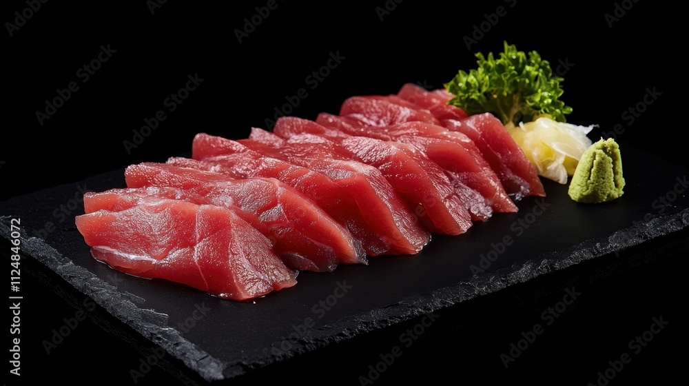 Fresh Slices of Sashimi on Slate Plate Fresh Slices of Sashimi on Slate Plate