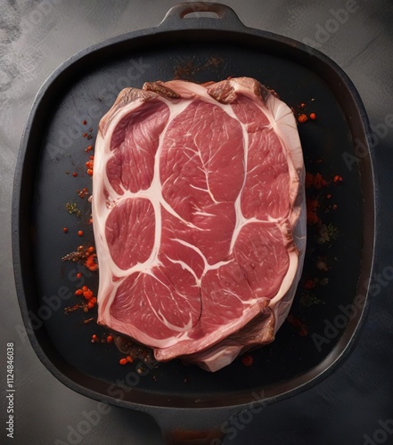 A slab of marbled beef seared to perfection in a hot skillet , savory, cooking photo