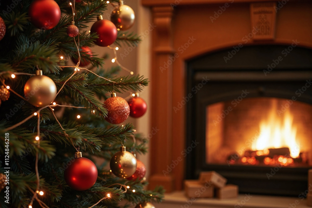 Christmas tree and fireplace in festive scene Christmas tree and fireplace in festive scene