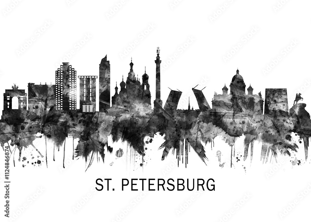 Fototapeta premium St. Petersburg Russia Skyline BW, abstract painting travel poster urban landscape modern art downtown skyline illustration landmarks skyscrapers artwork architecture