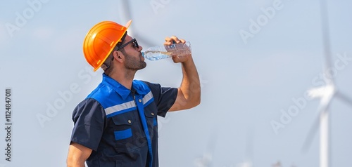 Canvastavla engineer Man in a blue and orange shirt is drinking water