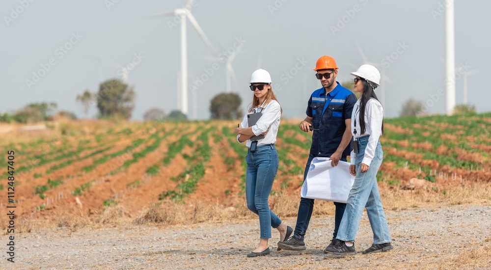 Three engineer people are standing in a field, looking at a large wind turbine Three engineer people are standing in a field, looking at a large wind turbine