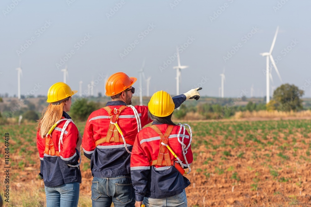 Three people are standing in front of a wind farm Three people are standing in front of a wind farm
