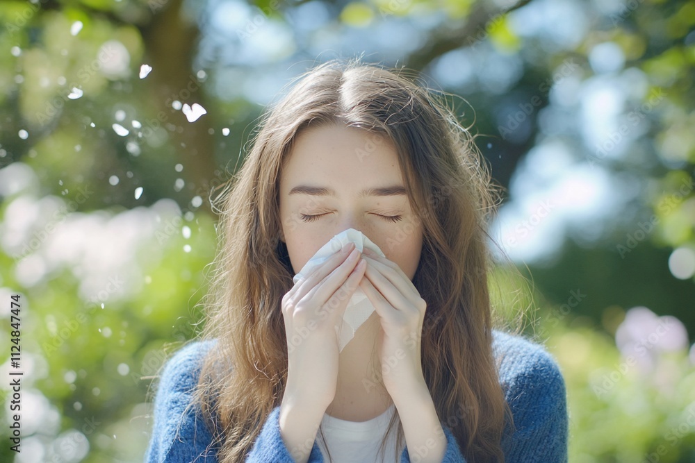 A young woman sneezes while outdoors, surrounded by nature. A young woman sneezes while outdoors, surrounded by nature.