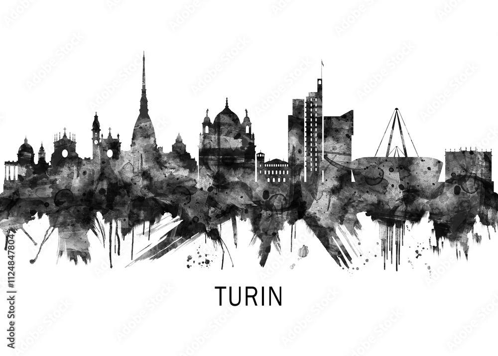 Naklejka premium Turin Italy Skyline BW, abstract painting travel poster urban landscape modern art downtown skyline illustration landmarks skyscrapers artwork architecture