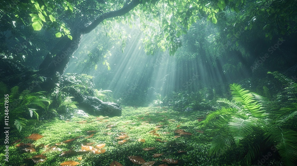 A lush jungle floor covered in moss, ferns, and fallen leaves, with sunlight beaming through the canopy. A lush jungle floor covered in moss, ferns, and fallen leaves, with sunlight beaming through the canopy.
