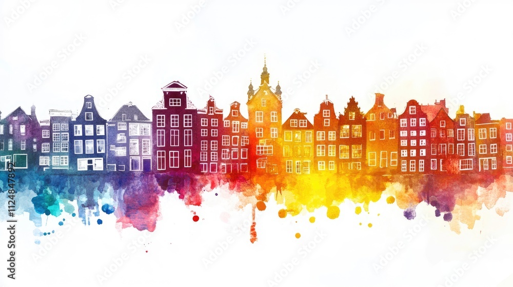 Fototapeta premium An Amsterdam illustration in colorful watercolor paints, isolated on a white background