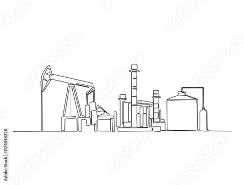 Continuous one line drawing of oil driling pumpjack. Oil pump oil rig energy industrial machine illustration. Editable vector.