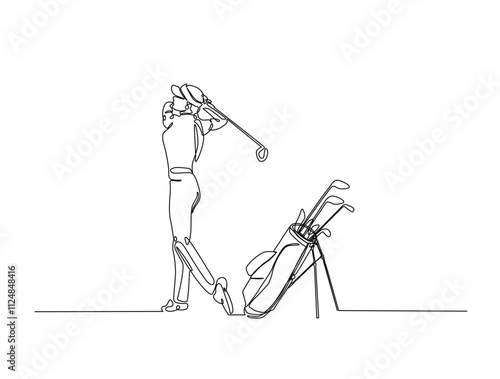 Continuous one line drawing of professional golfer and golf bag. Golf sport single line illustration. Editable vector.