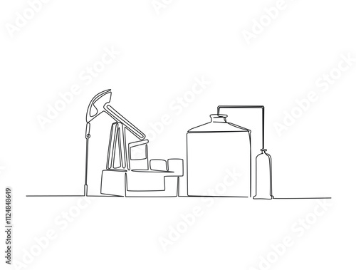 Continuous one line drawing of oil driling pumpjack. Oil pump oil rig energy industrial machine illustration. Editable vector.