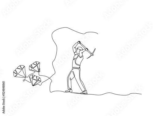 Continuous one line drawing of mining worker digging with pickaxe to get diamonds. Metaphor of work hard in single line art. Editable vector.
