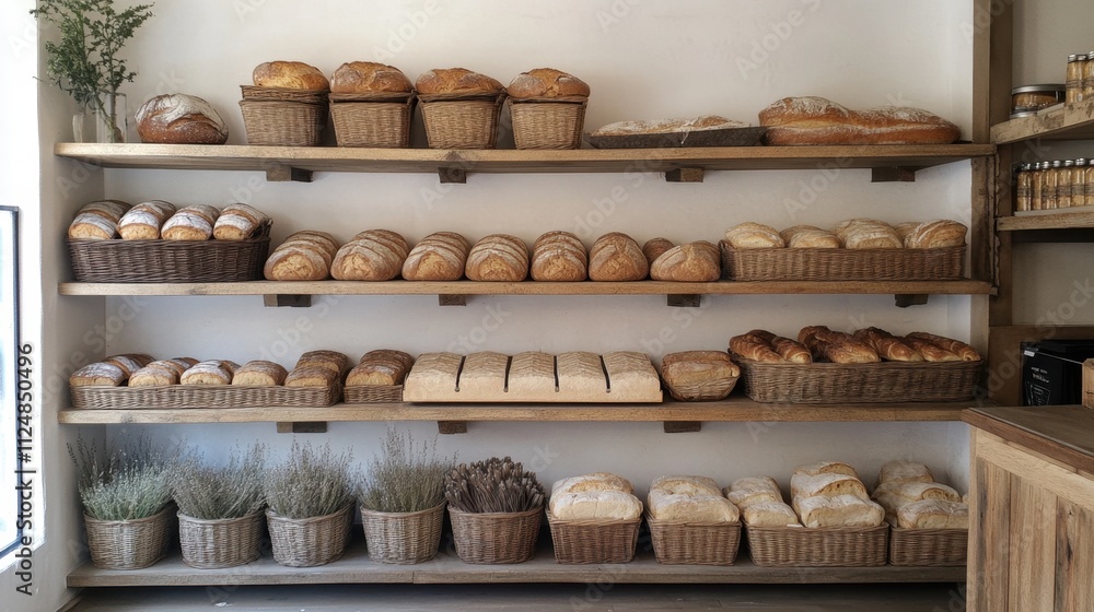 Freshly Baked Bread Loaves Display in Bakery Freshly Baked Bread Loaves Display in Bakery