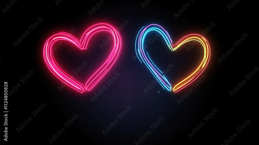Vibrant pink and blue neon hearts glowing against a black background, symbolizing passion and unity Vibrant pink and blue neon hearts glowing against a black background, symbolizing passion and unity