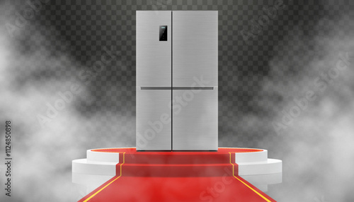 Illuminated podium or Pedestal with red path and double-door refrigerator. Modern, realistic 3d vector illustration of home appliances. Front view, close-up.