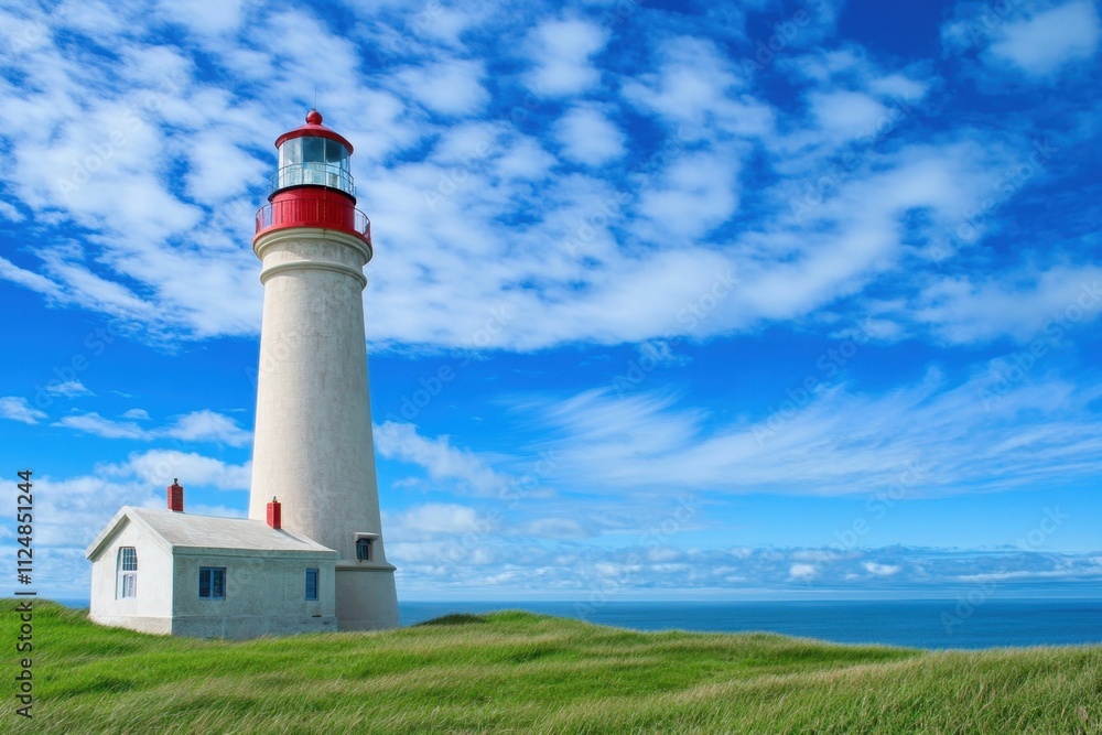 Bright lighthouse stands against a vibrant sky overlooking the ocean Bright lighthouse stands against a vibrant sky overlooking the ocean