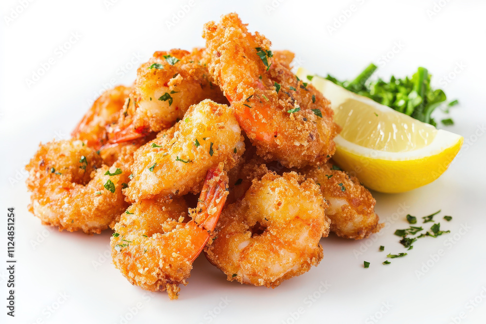 Crispy Golden Fried Shrimp Served with a Slice of Lemon and Fresh Herbs on a White Plate for Delicious Seafood Dining Experience Crispy Golden Fried Shrimp Served with a Slice of Lemon and Fresh Herbs on a White Plate for Delicious Seafood Dining Experience