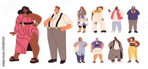 Set of diverse heavy people with overweight. Body positive, fat characters with weight problems. Plus size, obese, chunky, plump men and women. Flat isolated vector illustrations on white background