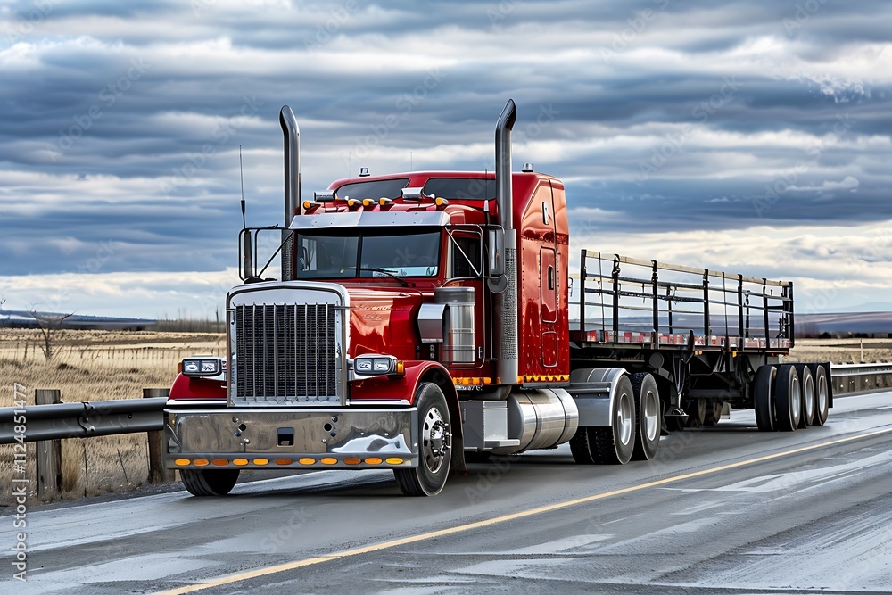 Big rig semi truck running on interstate highway over dramatic cloudy sky Big rig semi truck running on interstate highway over dramatic cloudy sky