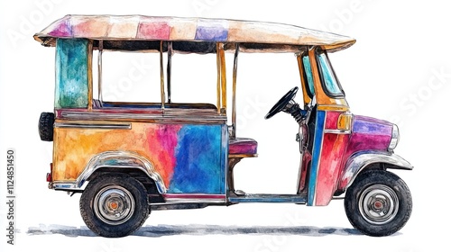 Colorful Watercolor Painting Of A Thai Tuk Tuk photo