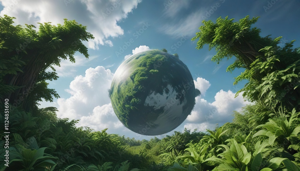 Cloudy sky with lush green leafy formation resembling earth , trees, cloud, leaves Cloudy sky with lush green leafy formation resembling earth , trees, cloud, leaves