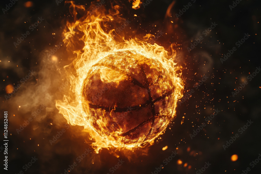 Basketball ball on fire on black background. Burning ball with fire flames. Sport concept. Generated AI Basketball ball on fire on black background. Burning ball with fire flames. Sport concept. Generated AI