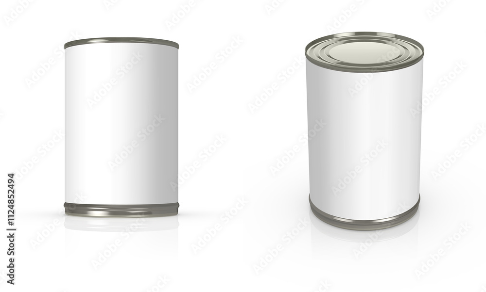 A high-quality 3D mockup featuring a cylindrical tin can with a blank white label and metallic details. 400 ml. A high-quality 3D mockup featuring a cylindrical tin can with a blank white label and metallic details. 400 ml.