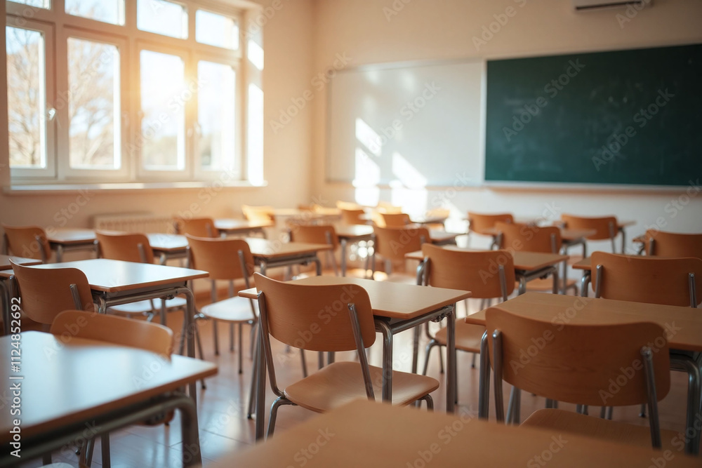 Classroom soft light large windows desks chairs blackboard Classroom soft light large windows desks chairs blackboard