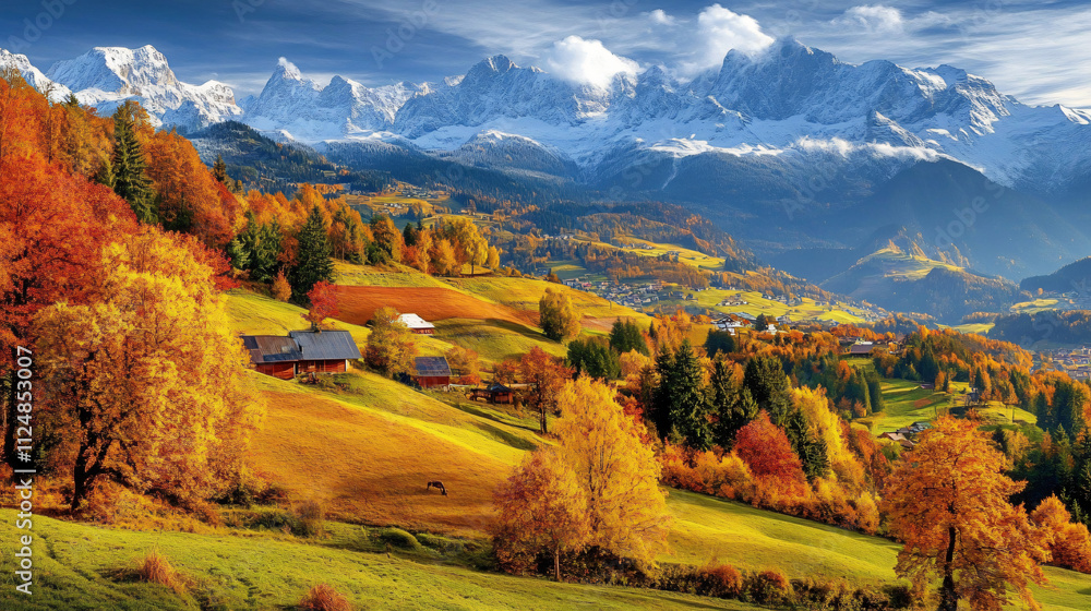 Autumn in the Alps with rolling hills, dotted with golden trees, misty valleys, and towering snow-capped peaks in the distance. Autumn in the Alps with rolling hills, dotted with golden trees, misty valleys, and towering snow-capped peaks in the distance.