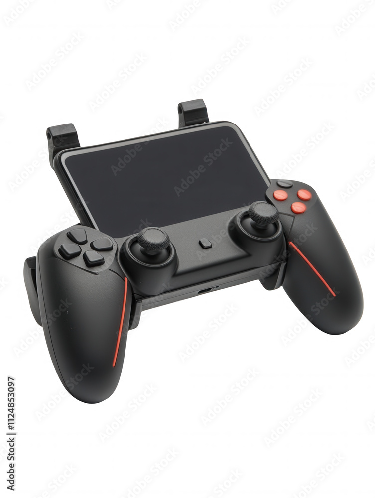 Isolated on a transparent background. Black game controller with smartphone holder for enhanced mobile gaming experience. Isolated on a transparent background. Black game controller with smartphone holder for enhanced mobile gaming experience.