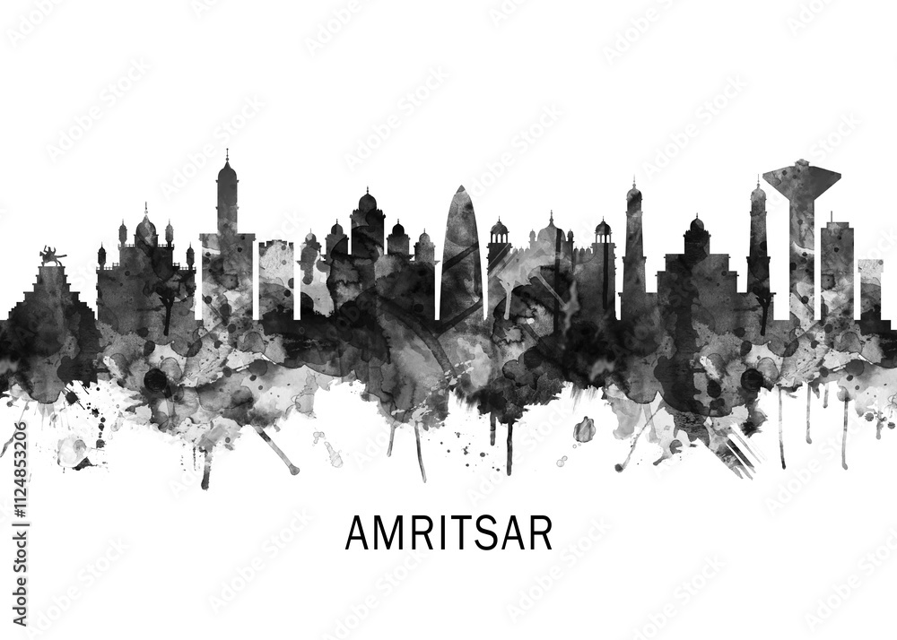 Obraz premium Amritsar Punjab Skyline BW, abstract painting travel poster urban landscape modern art downtown skyline illustration landmarks skyscrapers artwork architecture