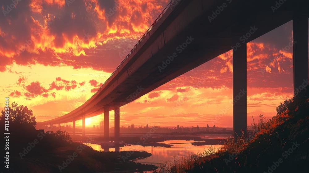 Sunset Overpass Stretching into Vibrant Horizon Sunset Overpass Stretching into Vibrant Horizon