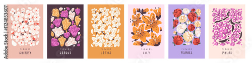 Set of floral posters. Designs of cards with spring meadow flowers. Different gentle wildflowers, field blossom plants on trendy wall arts. Botanical interior decoration. Flat vector illustrations